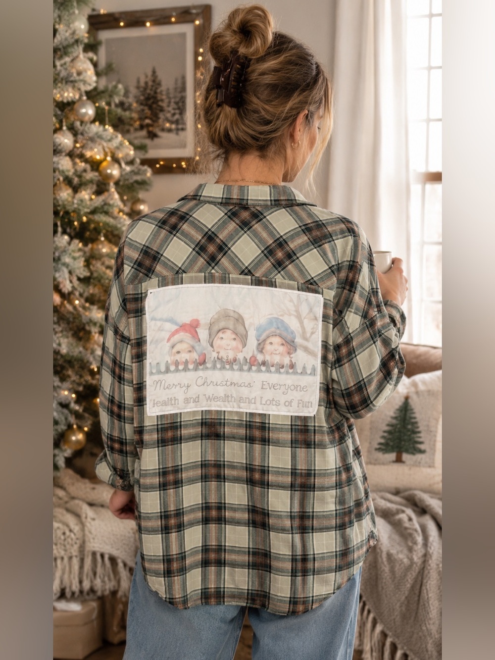 Wild Blue Sadie Robertson Green Plaid Back Patch Upcycled Christmas Shacket XL